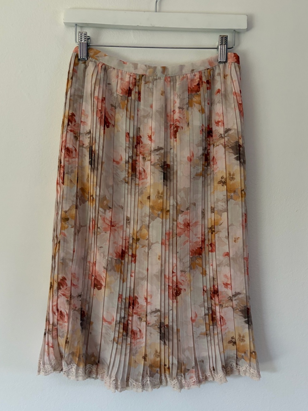 Moiselle Floral Pleated Midi Skirt Lace Trim Romantic Chiffon Size 2